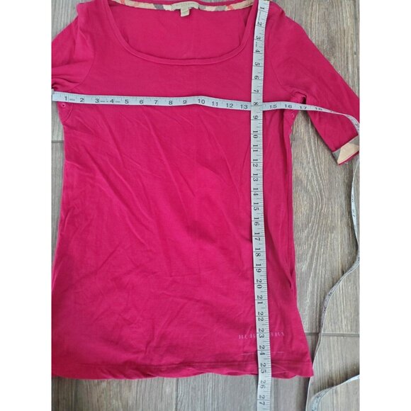 BURBERRY BRIT Dark Pink Cotton Jersey 3/4 Sleeve Plaid Cuff T-Shirt Sz S. Top - Picture 3 of 7